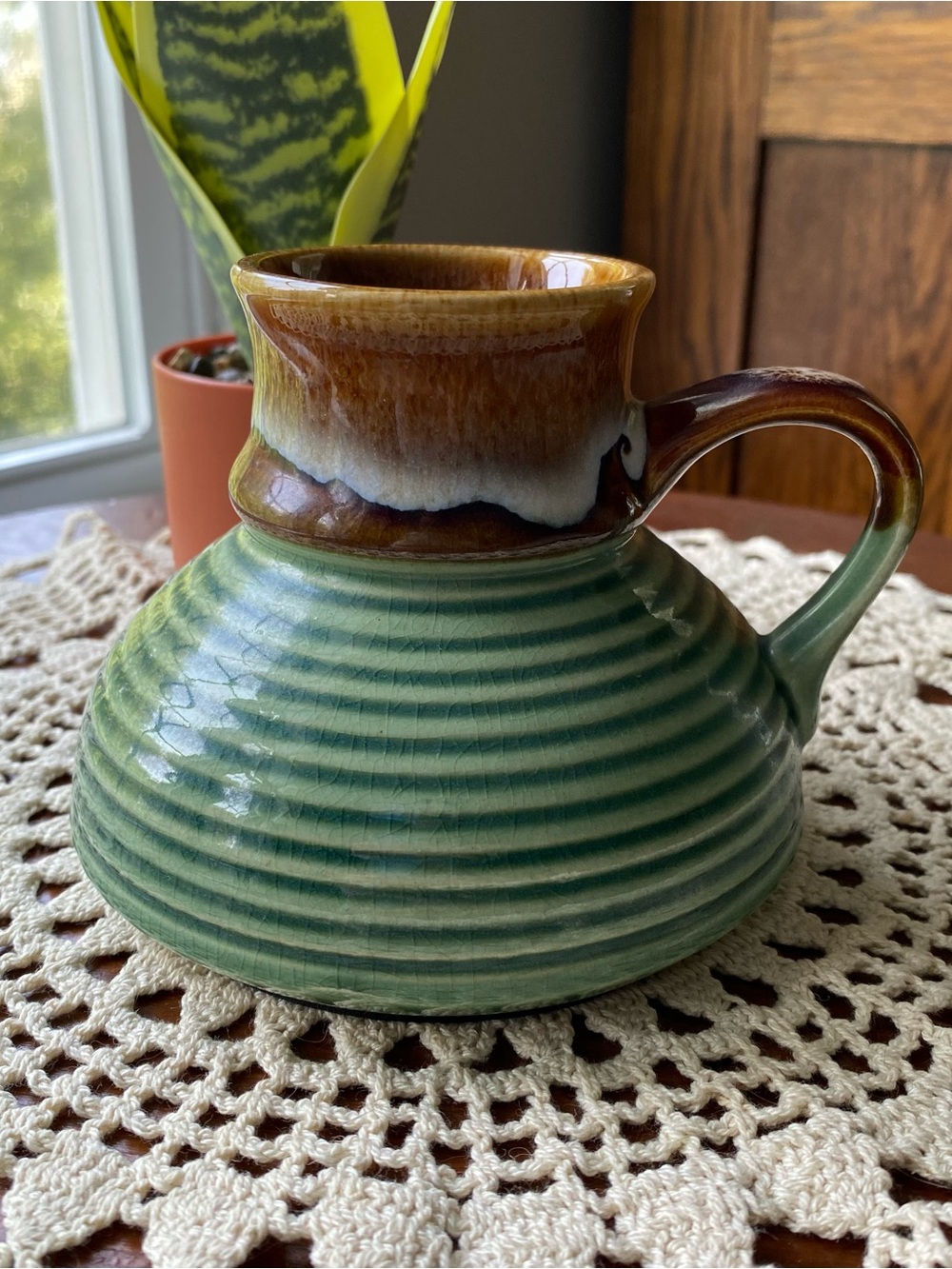 Vintage 1980’s Handcrafted Ceramic Travel Mug in Green and Brown EUC
